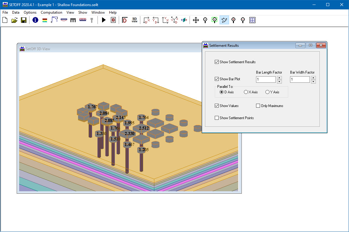 Graphics: Sample 3D View of settlement results with bar plots